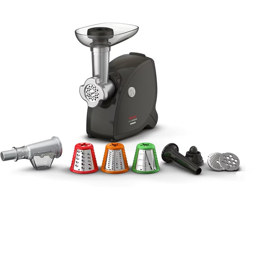 Masina de tocat carne Tefal NE477838, capacitate 2.3kg/min, 2000W, set 3 grile de inox, set 3 conuri pentru razuit, sertar pentru depozitare, accesoriu carnati/suc de rosii/kebbe, negru