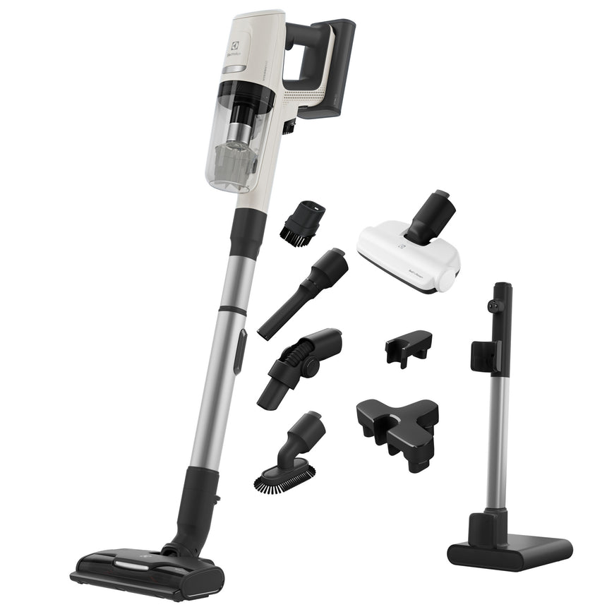 Aspirator vertical Electrolux Ultimate 800, 63W, 25.2 V, 150 AW, ecran LCD, 3 viteze + AUTO, 0.4 l, tub inox telescopic, 99.99% eficienta filtrare, autonomie 60 min, perie electrica cu LED, perie pentru saltele, stand incarcare pe podea, alb