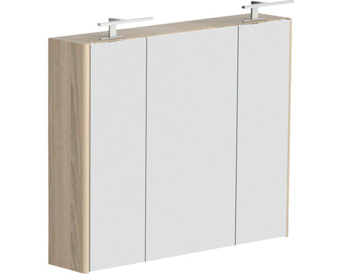 Dulap baie cu oglinda Cubo si iluminare LED, 3 usi, PAL, 70x85 cm decor Sonoma