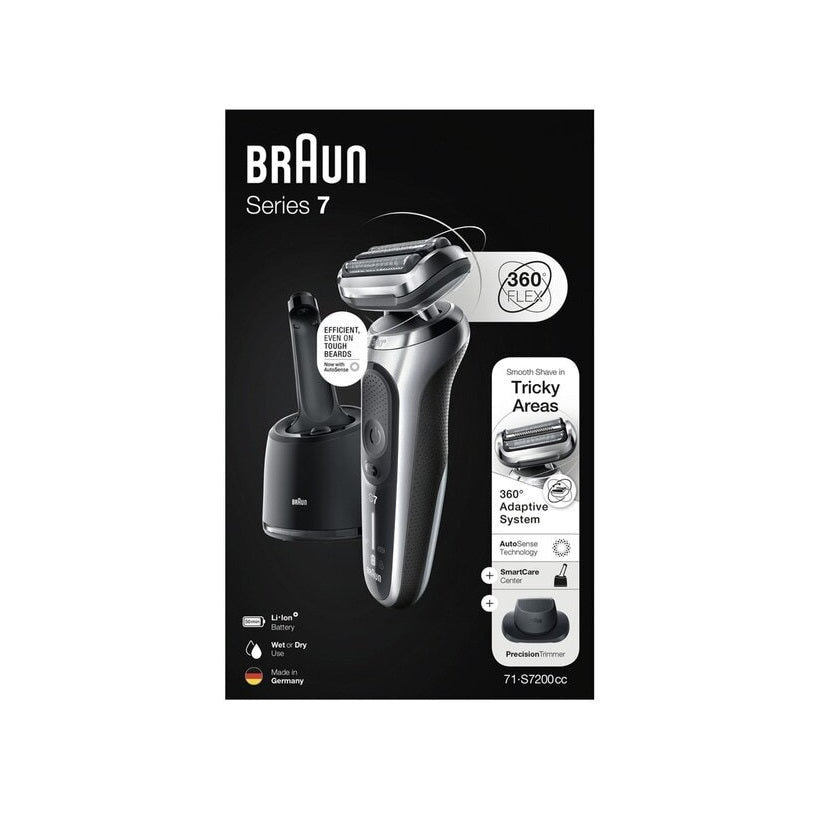 Aparat de ras Braun Series 7 71-S7200cc, Wet&Dry, AutoSense, SensoFlex, autonomie 50 min, 3 elemente de taiere, trusa voiaj, Negru/Argintiu