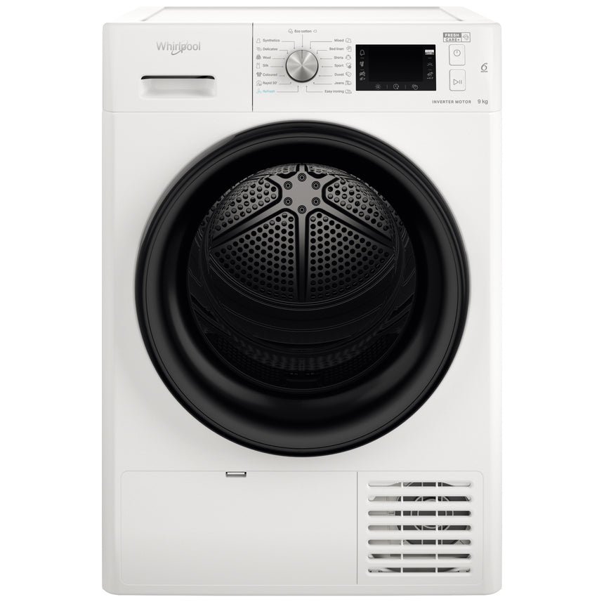 Uscator de rufe Whirlpool FFTM229X2BEE, Pompa de caldura, 9 kg, Clasa E, Motor Inverter, Freshcare+, Tehnologia al 6-lea Simt, Alb
