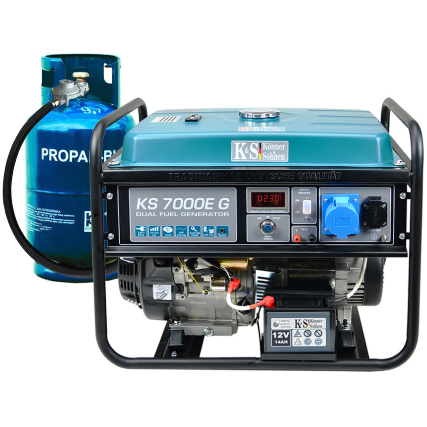 Generator curent profesional Könner & Söhnen KS 7000E G , GPl/benzina 5.5 kW , pornire electrica,13 cp, autonomie 17h , regulator AVR, protectie suprasarcina, LED-display, protectie nivel scazut ulei , bobinaj 100% cupru
