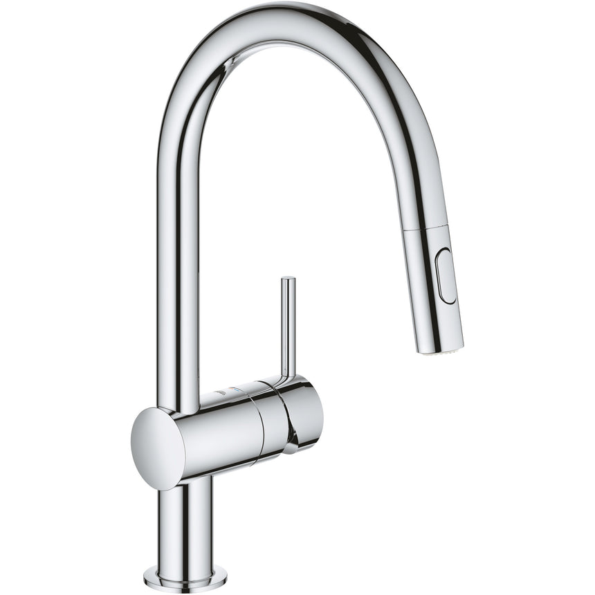Baterie de bucatarie Grohe Minta 32321002, 3/8'', tip C, pipa inalta, pivotanta, 2 pulverizari, dus extractabil, Crom