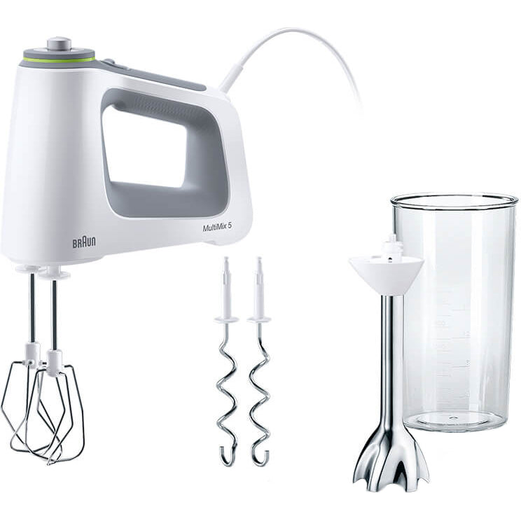 Mixer de mana Braun HM5107WH, 750 W, 9 viteze + Turbo, Pahar gradat 0.6L, Picior pasator inox, 2 palete, 2 carlige pentru aluat, Alb/Gri