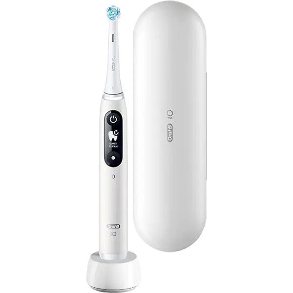 Periuta de dinti electrica Oral-B iO6 cu Tehnologie Magnetica si Micro-Vibratii. Inteligenta artificiala. Display led interactiv. Senzor de presiune Smart. Timer vizibil. 5 moduri. 1 capat. Trusa de calatorie. Alb