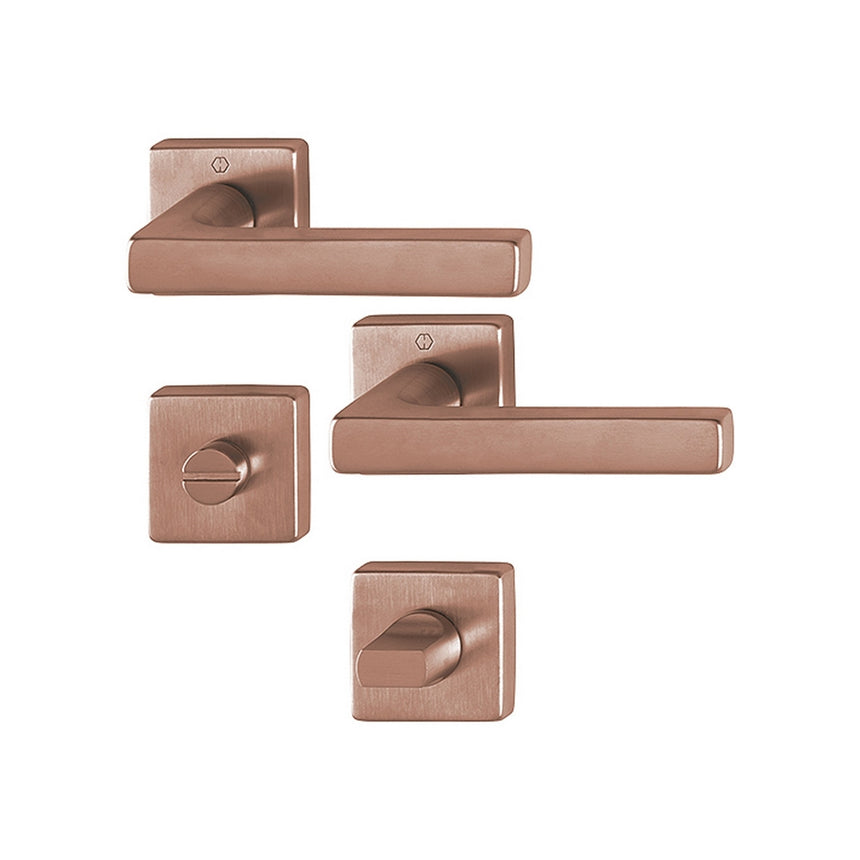 Maner usa interior, Hoppe Dallas, cu rozeta patrata pentru baie, material alama, culoare cupru satinat, 124x49mm