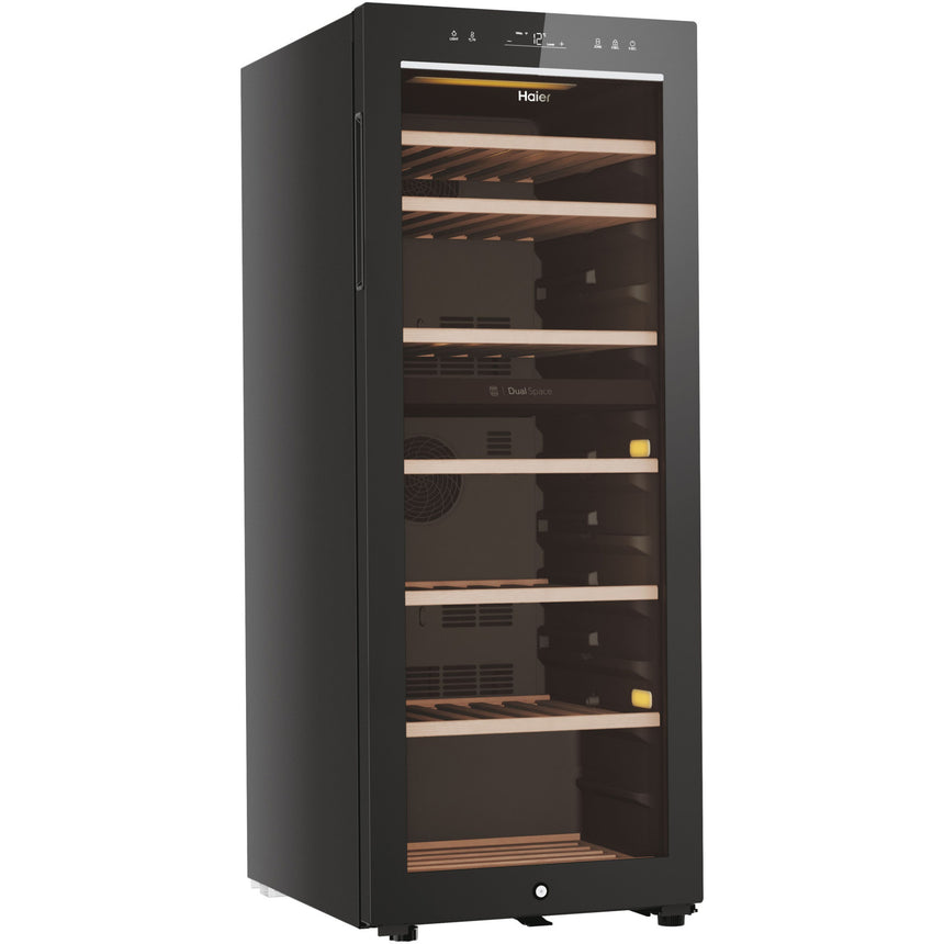 Racitor de vinuri Haier HWS77GDAU1, 77 sticle, WiFi, LED, Dual zone, Usa reversibila, Clasa G, H 127 cm, Negru