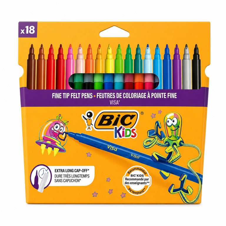 Set 18 Carioci BIC Kids Visa Color, Lavabile, Culori Intense, Vârf Fin, pentru Desen, Școală și Activități Creative