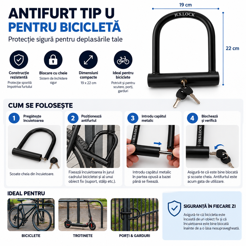 Antifurt Bicicletă Tip U 19 x 22 cm, Sistem de Blocare Rezistent, Încuietoare de Siguranță pentru Bicicletă