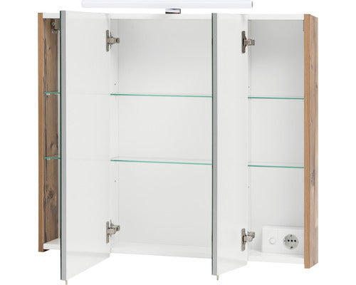 Dulap Baie cu Oglinda Karla, 3 Usi, Iluminare LED, PAL, 80x75 cm, Stejar Deschis