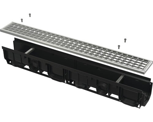 Rigola Polipropilena Alca AVZ102-R103 1000x143x148 mm Gratar Otel Galvanizat Scurgere Verticala Ø110 mm si Orizontala Ø 50/75 mm B 125