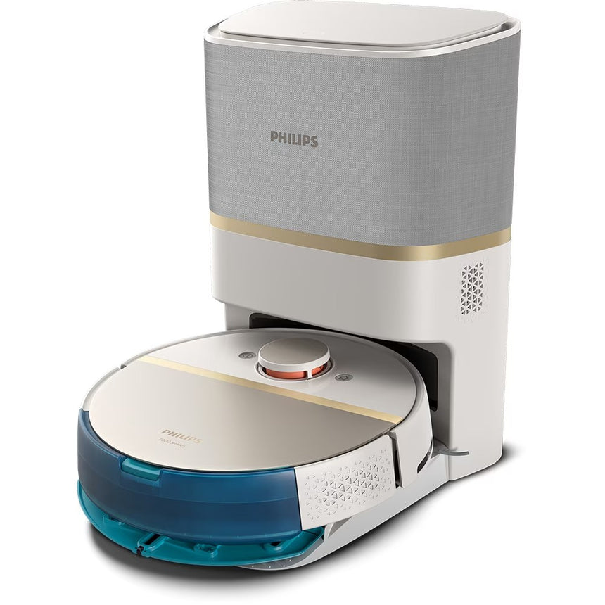 Aspirator Robot PHILIPS Seria 7000 Aqua HomeRun XU7100/02, 0.26l, 14.4V, Autonomie Maxima 180 minute, Wi-Fi, Functie Mop, Alb-Auriu