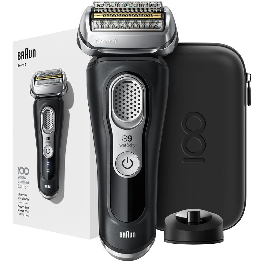 Aparat de ras electric Braun Series 9 Max Braun 100 years Design EditionWet&Dry, 40.000 de actiuni de taiere, 5 elemente de taiere, SensoFlex, AutoSense, Statie de incarcare, Trusa de voiaj, Negru/Argintiu