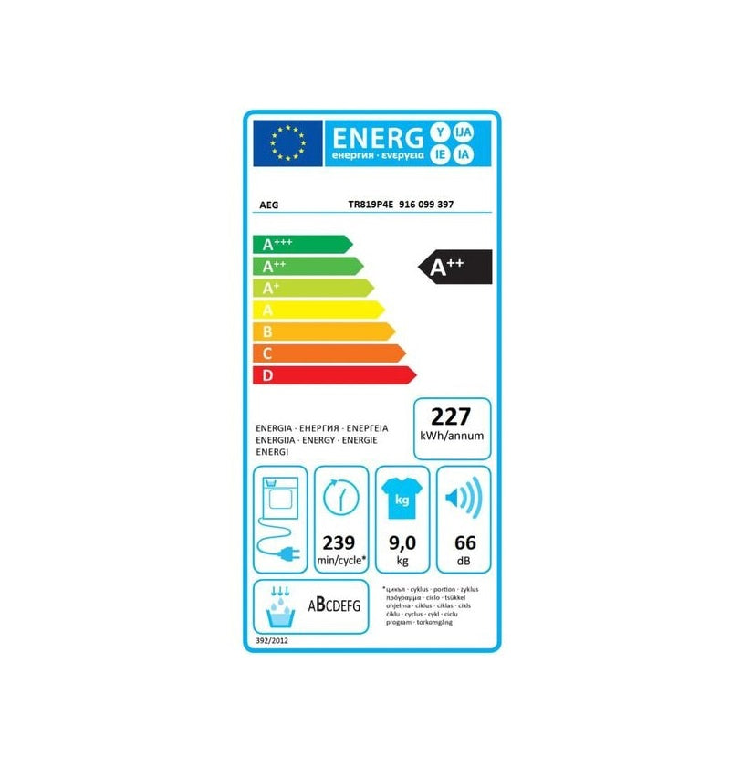 Uscator cu pompa de caldura AEG TR819P4E AbsoluteCare, clasa energetica D, capacitate 9 kg, afisaj LED, alb