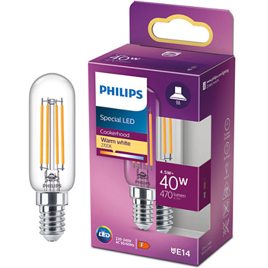 Bec LED lumanare/lustra vintage Philips Classic T25L, E14, 4.5W (40W), 470 lm, lumina alba calda (2700K), clasa energetica F