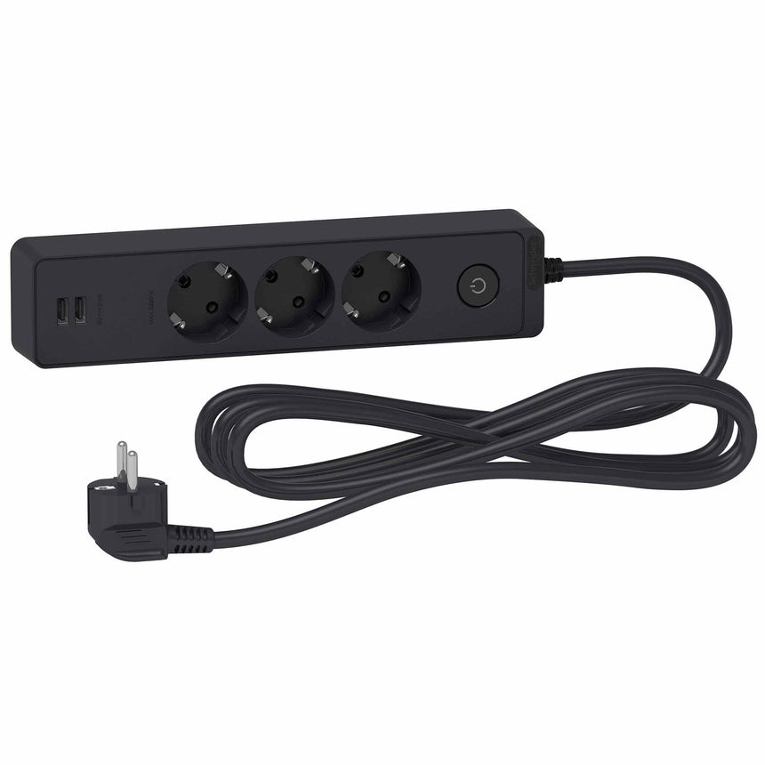 Prelungitor Schneider Unica ST943U3B, cu intrerupator, 2xUSB 5V 2.4A, 3 prize, protectie copii, 3m, Antracit