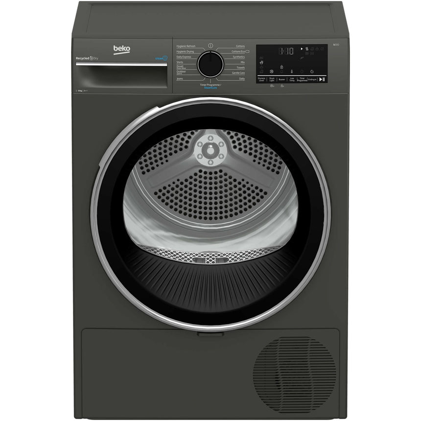Uscator de rufe Beko B3T43239, Pompa de caldura, 9 kg, 15 programe, Clasa E, SteamCure, RecycledDry, Motor ProSmart Inverter, OptiSense, Aquawave, Hygienic Refresh, Antracit