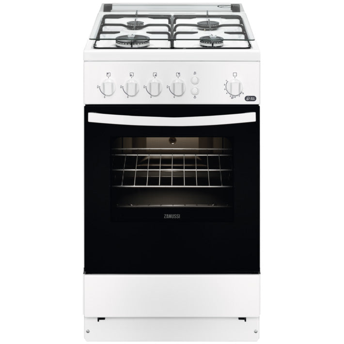 Aragaz Zanussi ZCG510I1WA, Gaz, 4 arzatoare, Aprindere electrica plita + cuptor, Iluminare cuptor, Siguranta plita/cuptor, 50 cm, Alb