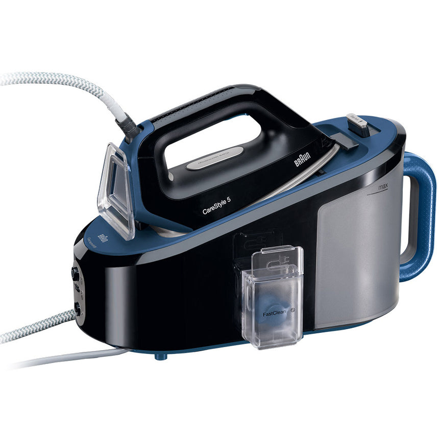 Statie de calcat Braun CareStyle 5 IS5145BK, 2400W, 6.8 bari, abur variabil 120g/min, jet de abur 400g/min, rezervor 2L, tehnologie FreeGlide 3D, talpa EloxalPlus, Negru/ Albastru