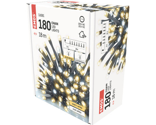 Instalatie luminoasa LED Emos by Legrand, 18 metri, 180 LED-uri cu lumina alba, calda si rece, cablu PVC negru, protectie IP44