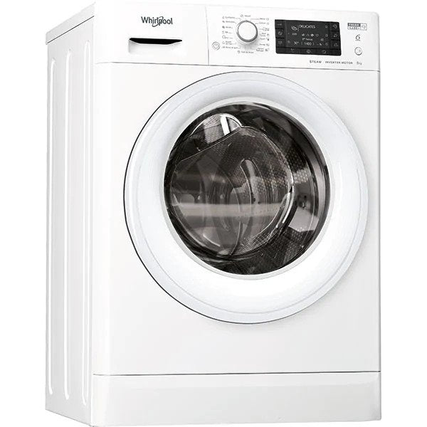 Masina de spalat rufe Slim Whirlpool FWSD81283WVEEN, 8 kg, 1200 rpm, Clasa D, FreshCare+, Steam Refresh, Steam Hygiene, Tehnologia al-6lea Simt, Motor Inverter, Display LCD, Alb