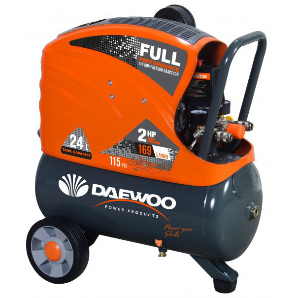 Compresor Daewoo DAAC24DN, 1500 W, 230 V, 2 CP, 24 l capacitate rezervor, 169 L/min debit aer, 8 bar presiune maxima