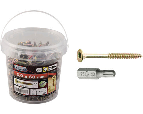 Holsuruburi Universale Cu Cap Inecat Torx Connex 5x60 Mm Otel Zincat Galben, 240 Bucati, Incl. Bit Torx 25mm
