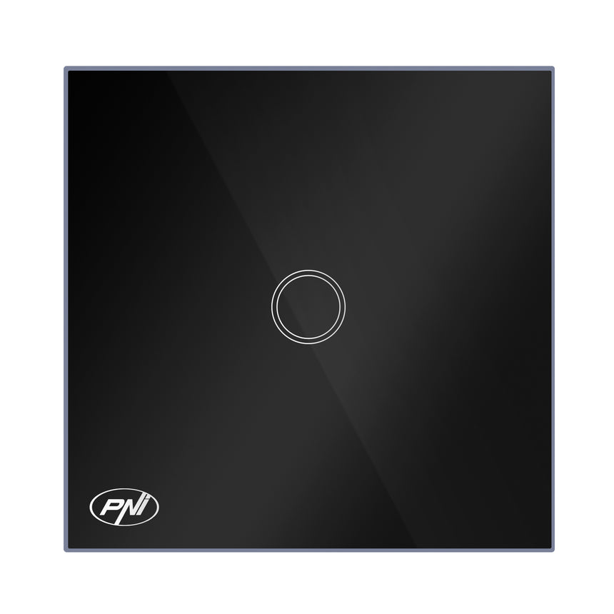 Intrerupator simplu cu touch PNI SH121, cu LED indicator, 10A 200W, Sticla, Negru