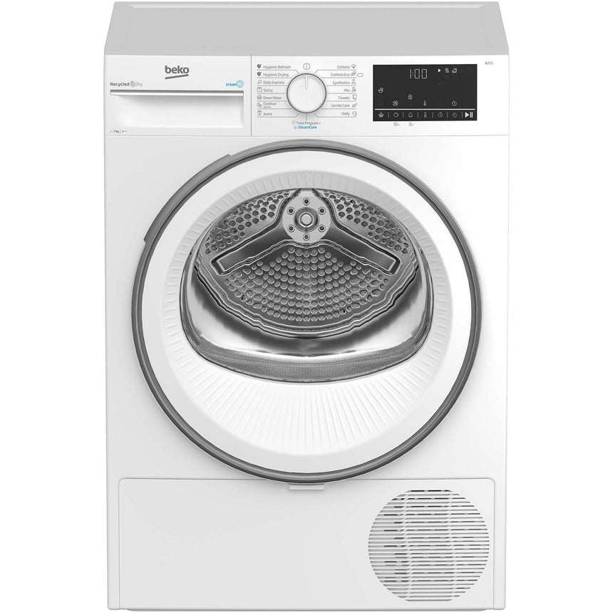 Uscator de rufe Beko B3T67230, 7 kg, Clasa E, Pompa de caldura, SteamCure, Hygienic Dry, OptiSense, Recycled Dry, Alb