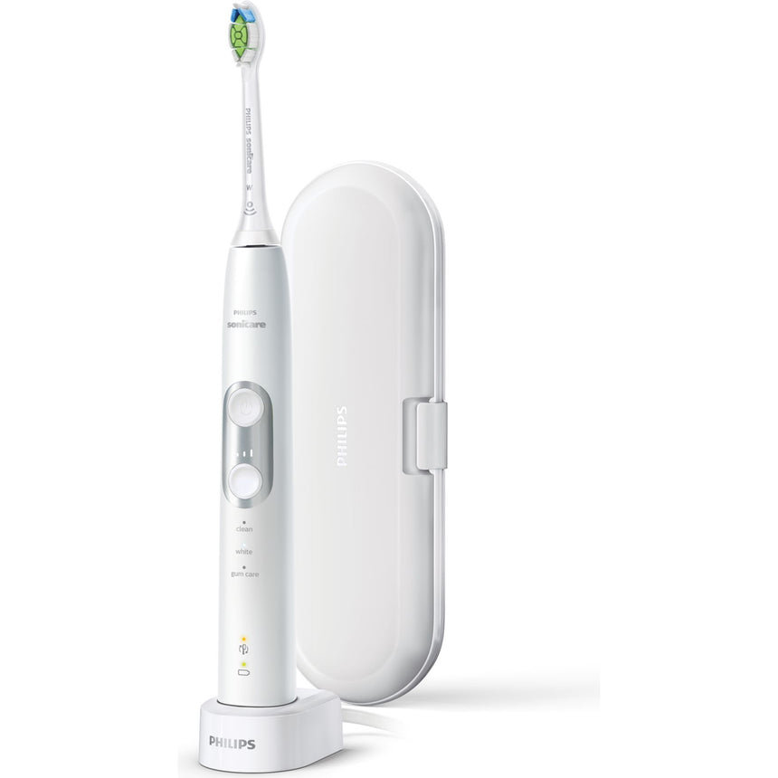 Periuta de dinti sonica electrica Philips Sonicare ProtectiveClean HX6877/28, 62000 miscari/minut, 3 moduri de curatare, 3 intensitati, senzor presiune, 2 functii BrushSync, 1 cap de periere, toc de transport, Alb cu argintiu