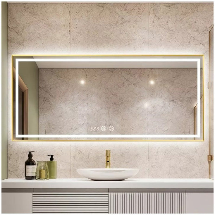 Oglinda baie Belform Fortuna, iluminare LED 3 culori, Dezaburire, Intrerupator touch, Ceas digital, Rama aurie, 120x80 cm, Clasa energetica F