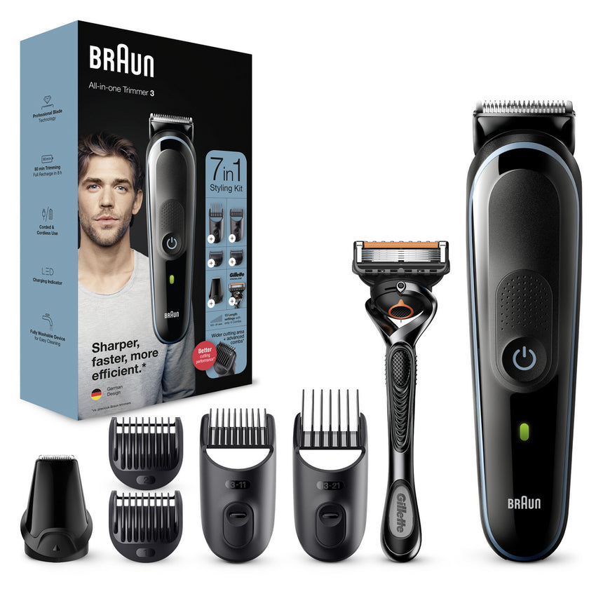 Aparat de tuns multifunctional Braun MGK3345 Wet&Dry, 13 de setari pentru lungime, 7 in 1, 4 piepteni, 1 accesoriu extra, kAparat de ras Gillette, Negru/Albastru