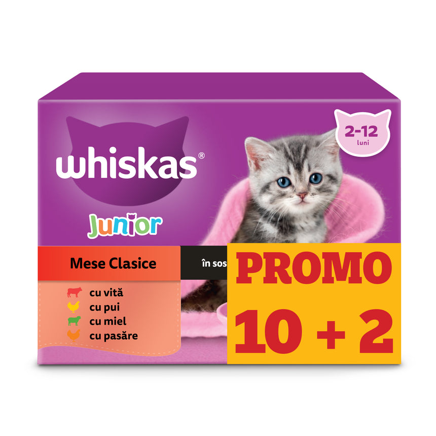 Hrana umeda pentru pisici Whiskas, Junior, (10 + 2) x 85 g