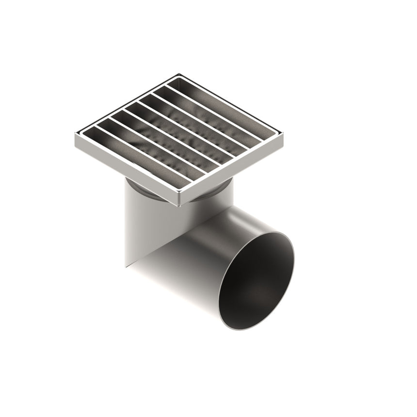Sifon Inox, VODALAND, 150x150, cu gratar in fante, iesire laterala DN110, L15, 151x151x195 mm