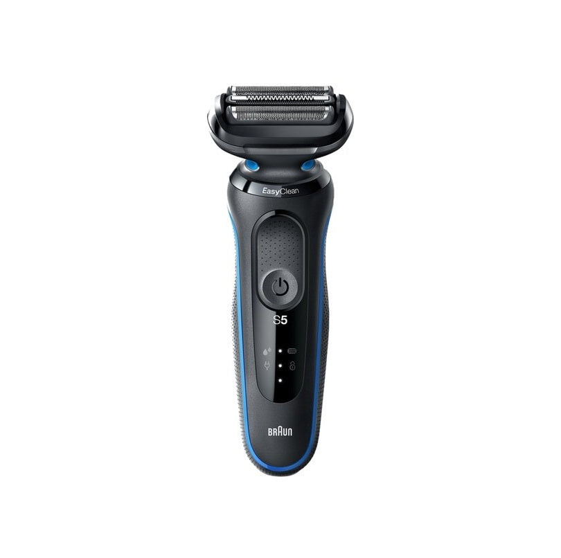 Aparat de ras electric Braun Series 5 51-B4650cs Wet&Dry, AutoSense, EasyClean, 3 elemente de taiere, accesorii pentru barba si ingrijire corporala, Statie de incarcare, Negru/Albastru