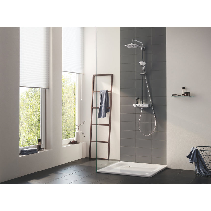 Sistem de dus cu termostat Grohe Euphoria SmartControl 260 Mono, montare aparenta, butoane push&turn, dus de mana inclus, 3 functii, CoolTouch, anti-calcar, etajera, crom