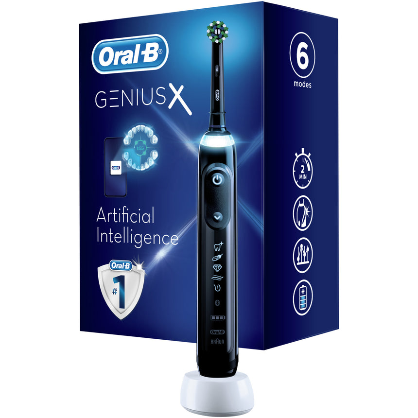 Periuta de dinti electrica Oral-B Genius X, Inteligenta artificiala, Curatare 3D, 6 programe, 1 capat, Bluetooth, Negru