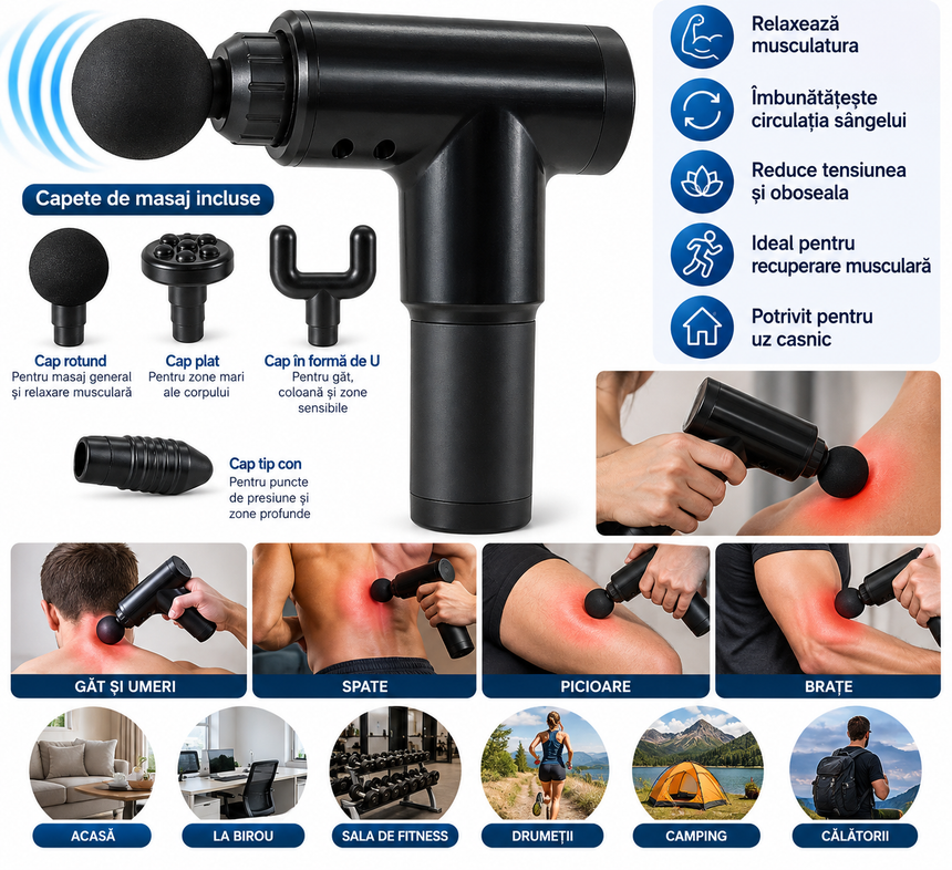 Aparat de Masaj Profesional Electric 220V, Dispozitiv pentru Relaxare și Masaj Muscular, Gât, Umeri, Spate și Picioare