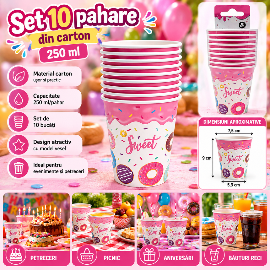 Set 10 Pahare din Carton 250 ml, Roz, pentru Petreceri, Picnic, Aniversări și Băuturi Reci
