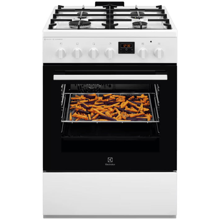 Aragaz Electrolux LKK660220W, Mixt, 4 arzatoare , Siguranta plita, Aprindere integrata, Cuptor electric, Plus Steam, AirFry, Timer, Grill electric, Clasa A, 60 cm, Alb