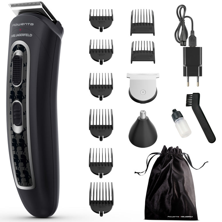 Aparat de tuns parul si barba Rowenta x Karl Lagerfeld Trim & Style 12 in 1 TN911LF0, autonomie 120 min, capat pentru barba cu 2 piepteni, capat pentru par cu 6 piepteni, accesoriu nas&urechi, 6500 rpm, kit curatare&intretinere, husa, negru/rosu