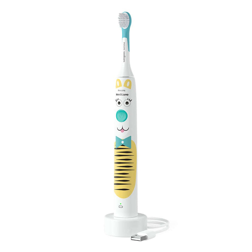 Periuta electrica sonica Philips Sonicare Kids HX3601/01, 2 intensitati, 1 capat de periere, aplicatie de consiliere, stickere, Alb/Bleu