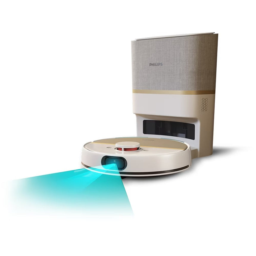 Aspirator Robot PHILIPS Seria 7000 Aqua HomeRun XU7100/02, 0.26l, 14.4V, Autonomie Maxima 180 minute, Wi-Fi, Functie Mop, Alb-Auriu