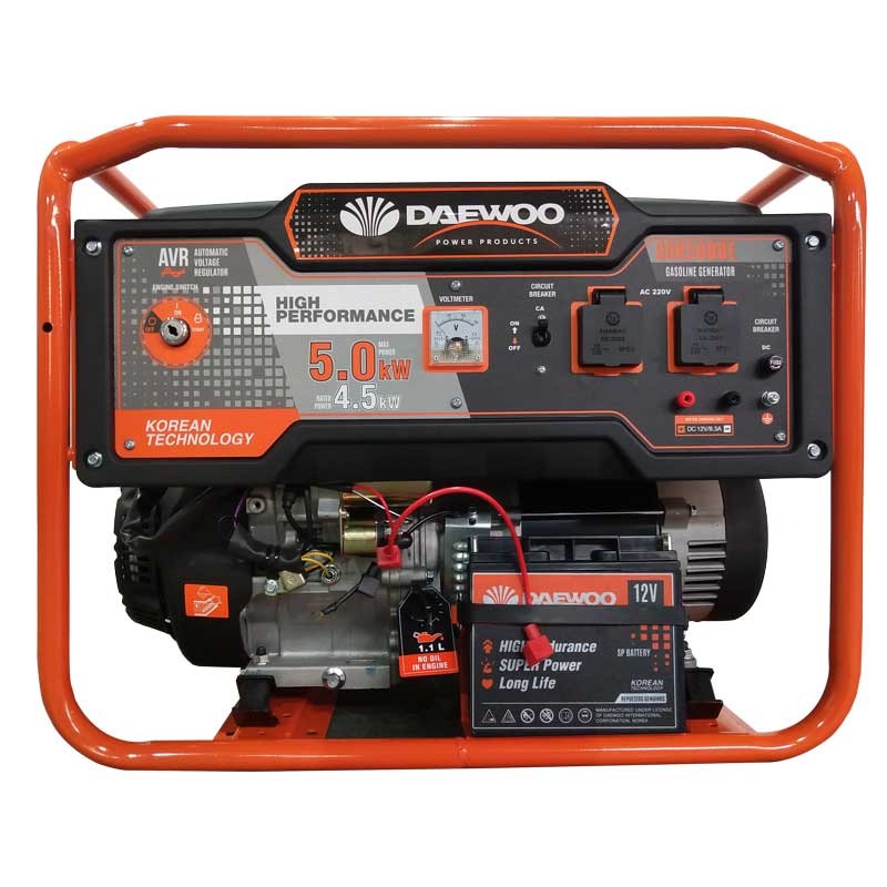 Generator curent electric cu stabilizator de tensiune (AVR) Daewoo GDK5000E, 15 CP, 5000 W, 420 CC, protectie termica, senzor ulei, roti transport, pornire electrica, 25 l benzina, 20 h autonomie maxima