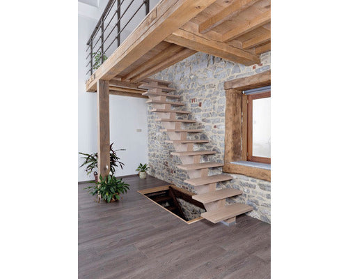 Scara de Interior cu Vang Central Pertura Agape Dreapta din Valchromat Gri Apache si Stejar Furniruit fara Balustrada 15 pasi 14 Trepte