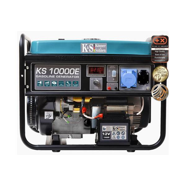 Generator curent 8.0 kW Könner & Söhnen KS10000E, benzina, monofazat, pornire electrica, 18 cp, prize 1x16A (230V), 1x32A (230V), 12V, autonomie 15h, regulator tensiune AVR, protectie suprasarcina, protectie nivel scazut ulei, bobinaj cupru
