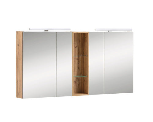 Dulap Baie cu Oglinda Duo, 2 Usi, Iluminare LED, PAL, 140x75 cm, Stejar Deschis