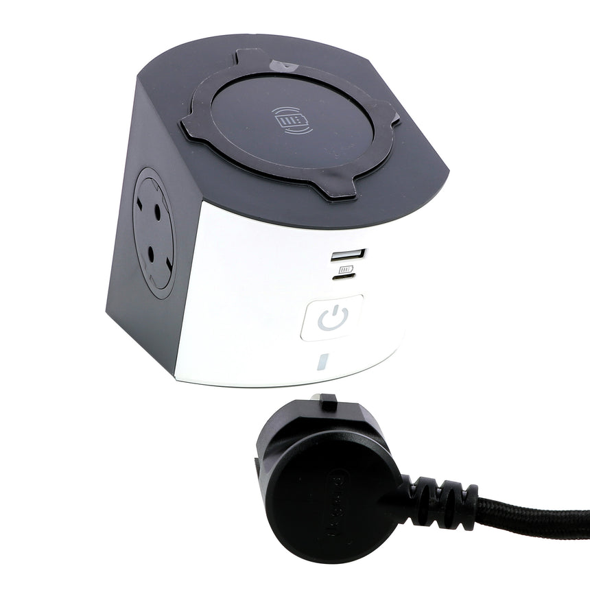 Prelungitor turn Legrand L694506, cu incarcator inductie, intrerupator iluminat, 2 prize, USB tip A si C, 3A-5V 15W, sectiune cablu 3x1.5mm, cordon 2m, Alb/Negru