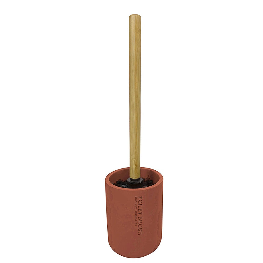 Suport din polirasina si perie wc cu maner din bambus, Frandis, 9.5x37 cm, caramiziu/natur