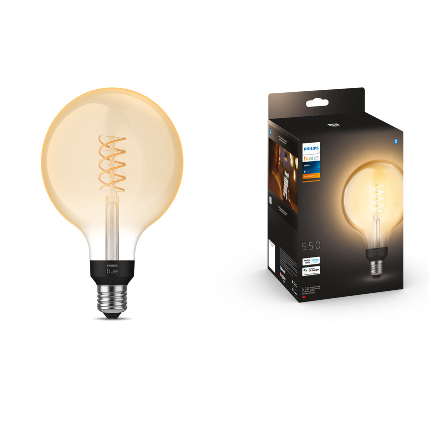 Bec LED inteligent Philips Hue G125, Bluetooth/Zigbee, E27, 7W, 550 lm, lumina alba (2100K), clasa energetica G
